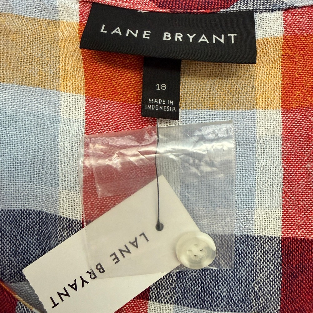 Lane Bryant Plaid Linen Blend Midi Dress Tie Waist Button Front NWT Size 18 - Picture 12 of 14
